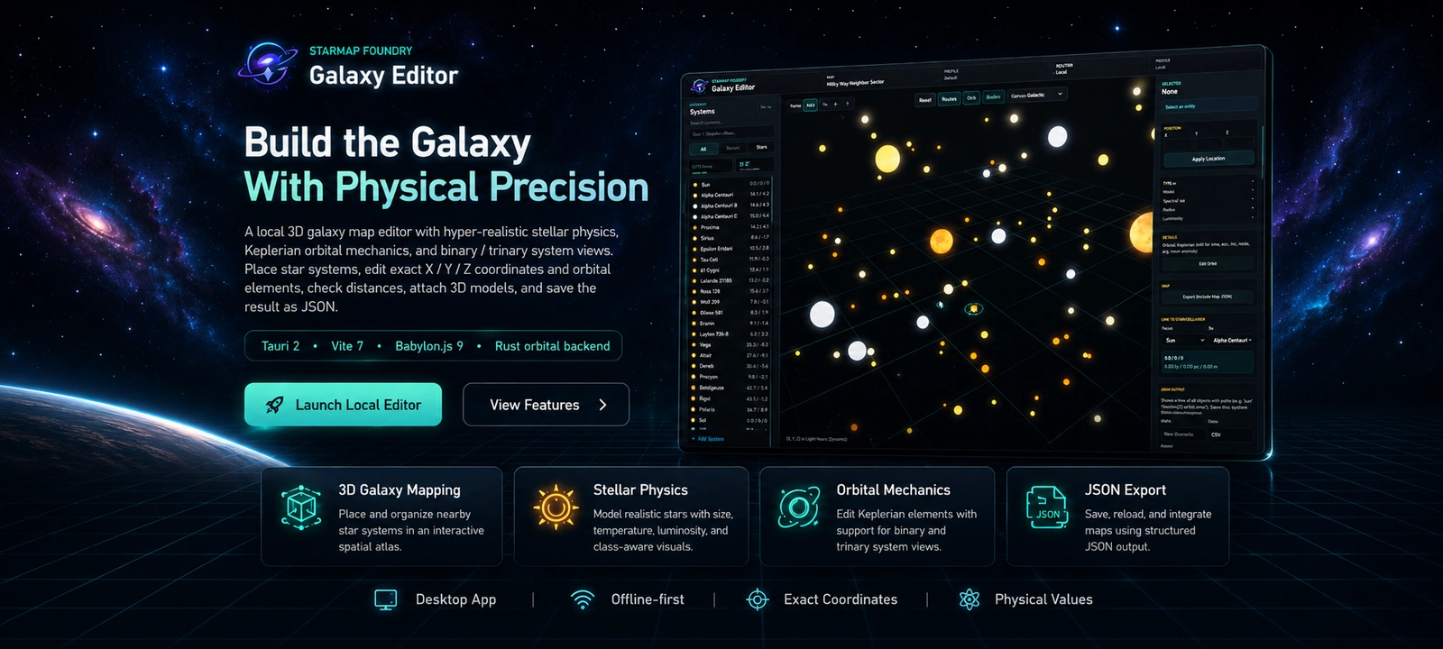 Starmap Foundry — galaxy editor with star catalog and orbital view